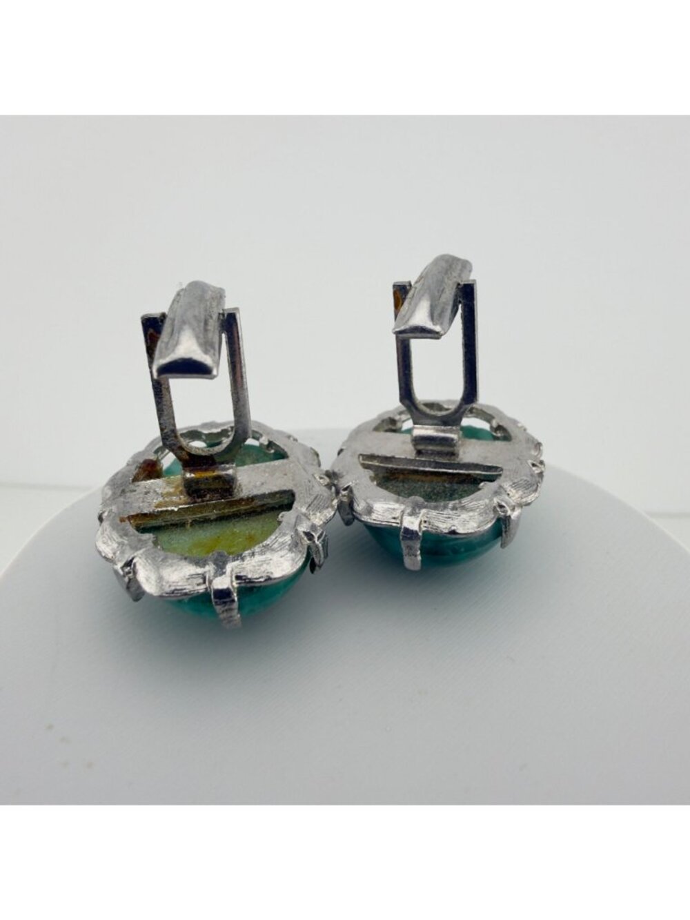 Vintage Green Domed Cabochon Cuff Links Silver Tone Mid Century - Picture 6 of 6